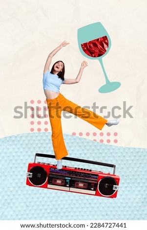Photo cartoon comics sketch collage picture of funny carefree lady listening boom box drinking wine isolated drawing background