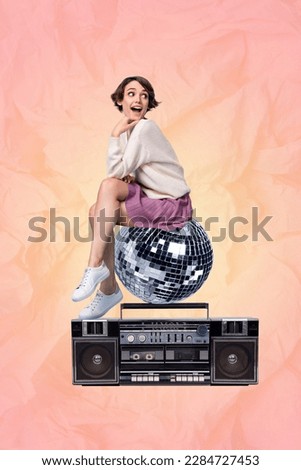 Creative abstract template graphics collage image of dreamy lady sitting enjoying boom box songs isolated drawing background