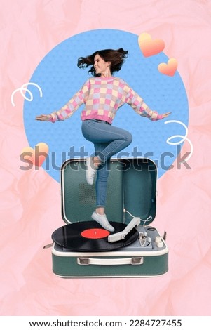 Vertical creative collage illustration photo of positive beautiful woman dancing on retro vinyl recorder isolated drawing background