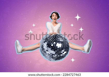 Creative retro 3d magazine collage image of excited impressed lady holding big disco ball isolated painting background