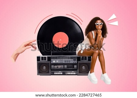 Photo artwork collage of youngster cool hipster girl wear sunglass chilling listen retro vinyl music recorder boombox isolated on pink background Royalty-Free Stock Photo #2284727465