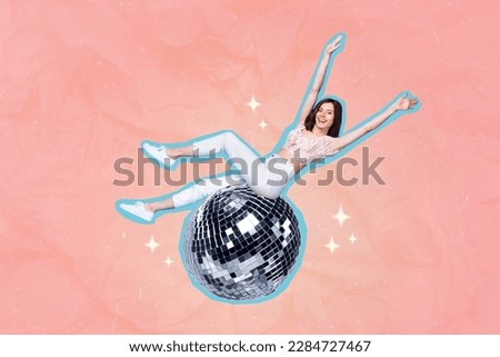 Composite photo collage minimal design party invitation of careless girl raise hands up retro disco ball isolated on pink color background Royalty-Free Stock Photo #2284727467
