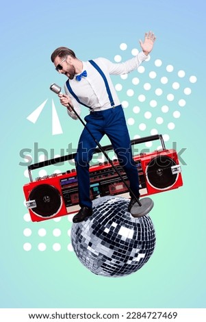 Vertical collage photo of young cool man wear classic hold microphone stage retro music concert talent singer isolated on blue background