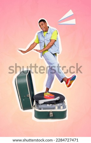 Vertical creative collage illustration photo of positive satisfied handsome guy dancing on vinyl record isolated drawing background