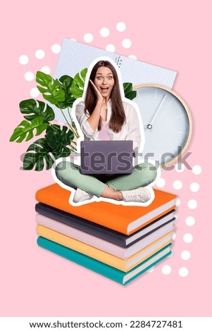 Vertical creative collage 3d photo of astonished staring girl sitting on book hold laptop nervous before exam isolated painting background