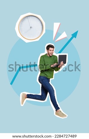 Vertical creative collage 3d photo sketch of impressed positive man running holding laptop make money isolated painting background