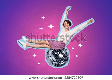 Photo collage artwork minimal picture of carefree smiling lady having fun sitting disco ball isolated drawing background