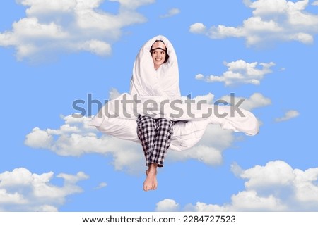 Composite creative collage of young adorable dreaming lady levitate heaven wrapped duvet satisfied wake up morning isolated on painted background