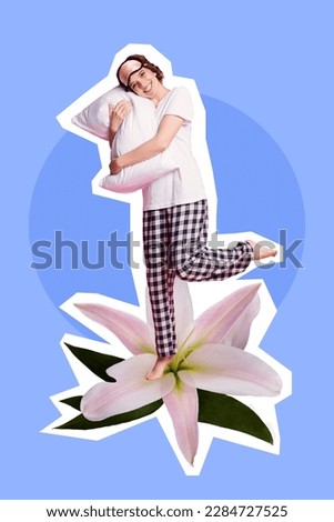 Vertical collage photo of cheerful smiling girl wear pajama nightwear hugs pillow relax stay lily fresh flower isolated on blue painted background