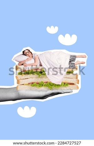 Vertical photo artwork minimal collage advert cafeteria deliver morning breakfast sleeping girl tasty fresh sandwich isolated on blue background Royalty-Free Stock Photo #2284727527