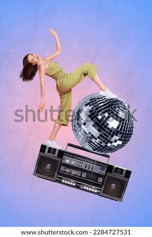 Party invitation concept photo collage of youngster relaxed lady wear casual outfit have fun retro discoball music player isolated on blue background
