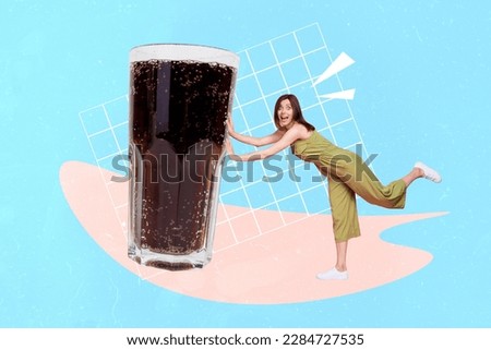Photo composite minimal collage coca cola template party event day woman push huge glass cup sparkles dark beverage isolated on cyan background