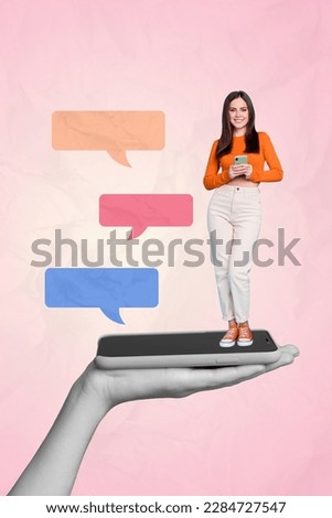 Creative minimal collage photo of cheerful lady hold new smartphone device addicted full time user chatting cloud message isolated on pink background