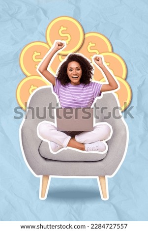 Vertical photo collage of young overjoyed funny girl raise fists up sitting use laptop trading bitcoin grow currency isolated on blue background