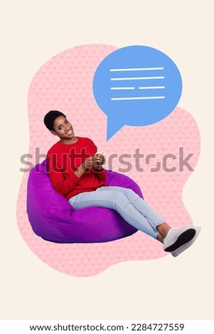 Vertical photo collage of cheerful smartphone user chilling beanbag girl relax pause web texting sms from email isolated on pink background