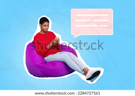Photo of young positive modern smartphone user girl sitting beanbag relaxed reading message chatterbox isolated on aquamarine color background
