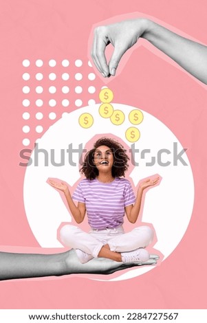 Vertical creative photo collage motivation distance passive income woman catch emoney bitcoin crypto investor isolated on pink color background