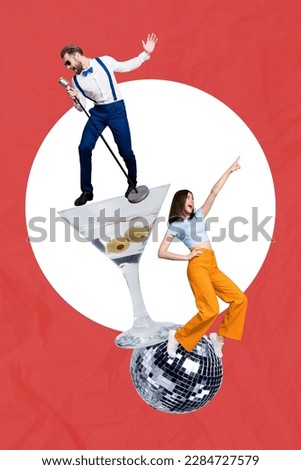 Creative collage photo poster postcard sketch of crazy active energetic friends have fun event together isolated on painted background Royalty-Free Stock Photo #2284727579