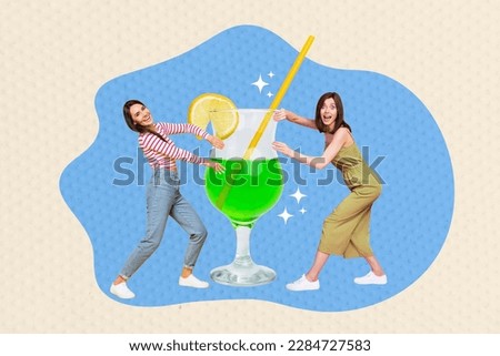 Collage photo picture poster sketch image of two happy cheerful lady have fun good mood celebrate hen party isolated on drawing background