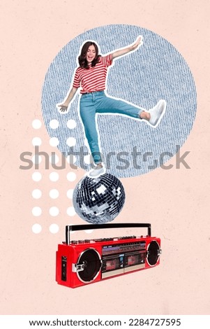 Photo invitation party discotheque concept youngster lady have fun rhythm nostalgia vintage boombox cassette player isolated on drawing background