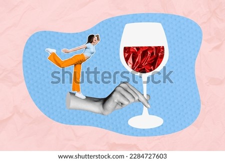 Photo collage of young searching alcohol festival party girl hold painted wine glass drink gourmet sauvignon blanc isolated on pink blue background