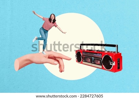 Creative collage photo banner of youngster carefree girl dancing weekend party listen cassette player boom box audio isolated on blue background