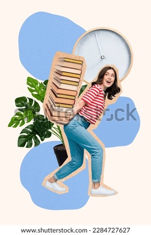 Photo collage creative artwork of young woman bring pile books librarian worker planning time read more literature isolated on painted background