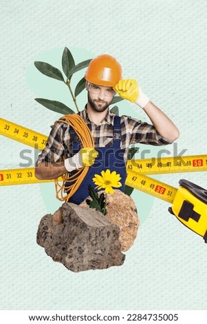 Vertical collage picture of professional construction worker man flower between rocks plant leaves measure rule tape isolated on painted background