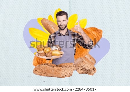 Collage picture of positive mini guy baker hold fresh pastry tray demonstrate thumb up isolated on creative background