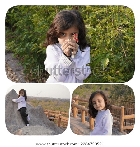 Little girl playing outside in natural atmosphere of multi framing beautiful photo. Around tree and flower with blur background and subject clear focus on portrait camera mode.