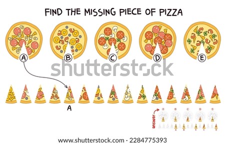 Find the missing piece of pizza. Puzzle Hidden Items. Matching game. Educational game for children. Colorful vector illustration. Isolated on white background