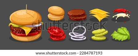 Hamburger with beef meat cutlet, cheese and splashing sauces on dark background. Burger ingredients set. Tomato, pickled cucumbers, onion rings in bun. Vector illustration Royalty-Free Stock Photo #2284787193