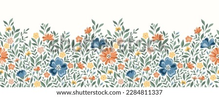 Delicate Chintz Romantic Meadow WildflowersHorizontal Vector Seamless Pattern Border. Cottagecore Garden Flowers and Foliage Print. Homestead Bouquet. Farmhouse Background Royalty-Free Stock Photo #2284811337