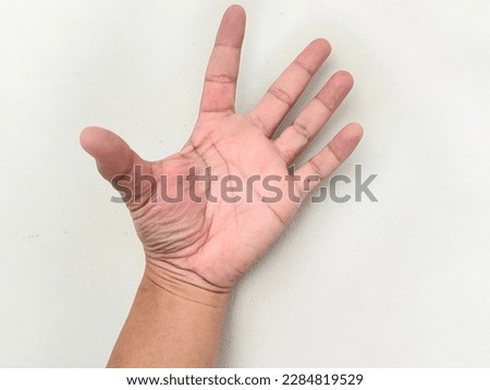 Close up of empty hand showing in various gestures, holding things, paper work, card, coin, bottle water, short fingers, small and large size, isolated on white background and practical concept.