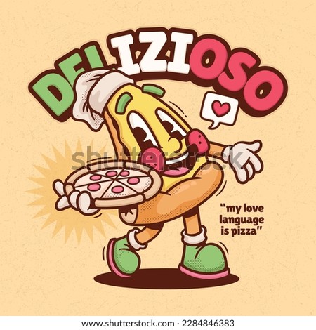 Italian Pizza Trendy Retro Cartoon Vector Hand Drawn 