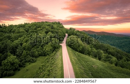 Aerial view of Blue Ridge Parkway in North Carolina at sunset. Royalty-Free Stock Photo #2284849567