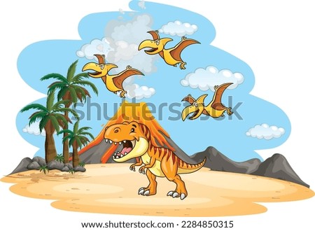 Illustration of cartoon characters featuring Trex and Pteranodon   dinosaurs