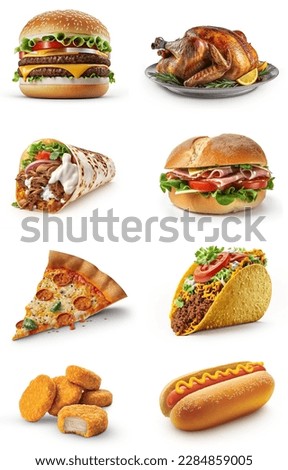 Set of fast food dishes isolated on white background. cheese burger, turkey roast, shawarma, sandwich, pizza slice, taco, chicken nuggets, hotdog. Abstract collection of fast food. Royalty-Free Stock Photo #2284859005