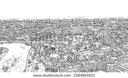 Sketch doodle style. Krakow, Poland. Wawel Castle. Ships on the Vistula River. View of the historic center, Aerial View  