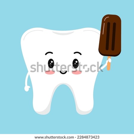 Cute tooth boy with ice cream clip art. Baby dental character with chocolate ice lolly isolated on white background. Flat design vector strong tooth with dessert and sparkles illustration. 