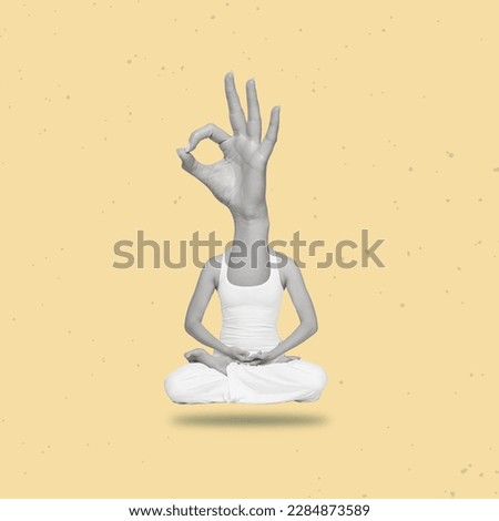 Contemporary art collage of woman seated in the lotus headed by a hand showing ok gesture. Concept of healthy lifestyle, sport, art, creativity. Okey hand sign. Copy space for ad.