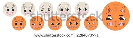 Personage set, black eyes cats. Variety mascots, different feelings, cat clip art. Isolated on white background
