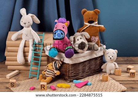 plush toys. plushie doll. plush stuffed puppet. plushie toy. soft toy. made from plush or soft cloth. filled soft material. softer and cuddlier. place for text, space for text, copy space, free space. Royalty-Free Stock Photo #2284875515
