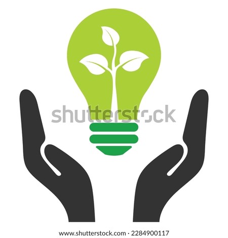 Light bulb in hands, green color eco friendly energy icon with leaf. Sustainable, renewable, eco energy and environmental friendly sources logo concept graphic, isolated on white background.