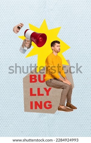 Vertical collage picture of arm hold loudspeaker mouth scream yell bullying mini guy isolated on painted background