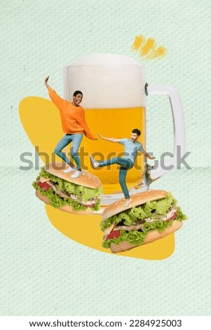 Vertical abstract collage of two excited mini people stand big burger dancing pint beer isolated on creative background