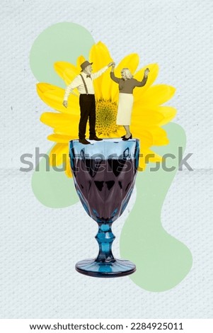Vertical artwork collage image of two mini aged people stand big wine glass dancing yellow flower isolated on painted background
