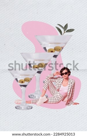 Vertical collage picture of pretty classy mini girl hand touch sunglass huge martini cocktail glass isolated on painted background