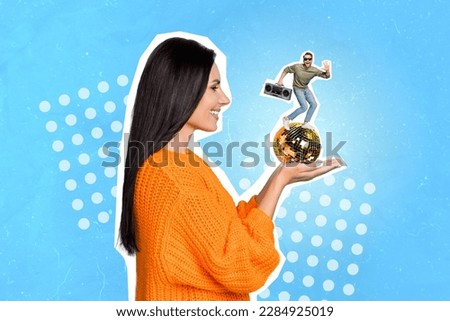 Artwork magazine collage of happy smiling lady holding disco ball funny guy dancing boom box isolated drawing background