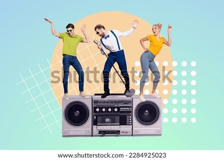 Photo artwork collage karaoke party man wear suit suspenders hold microphone stay dancing people huge retro boombox isolated on blue color background
